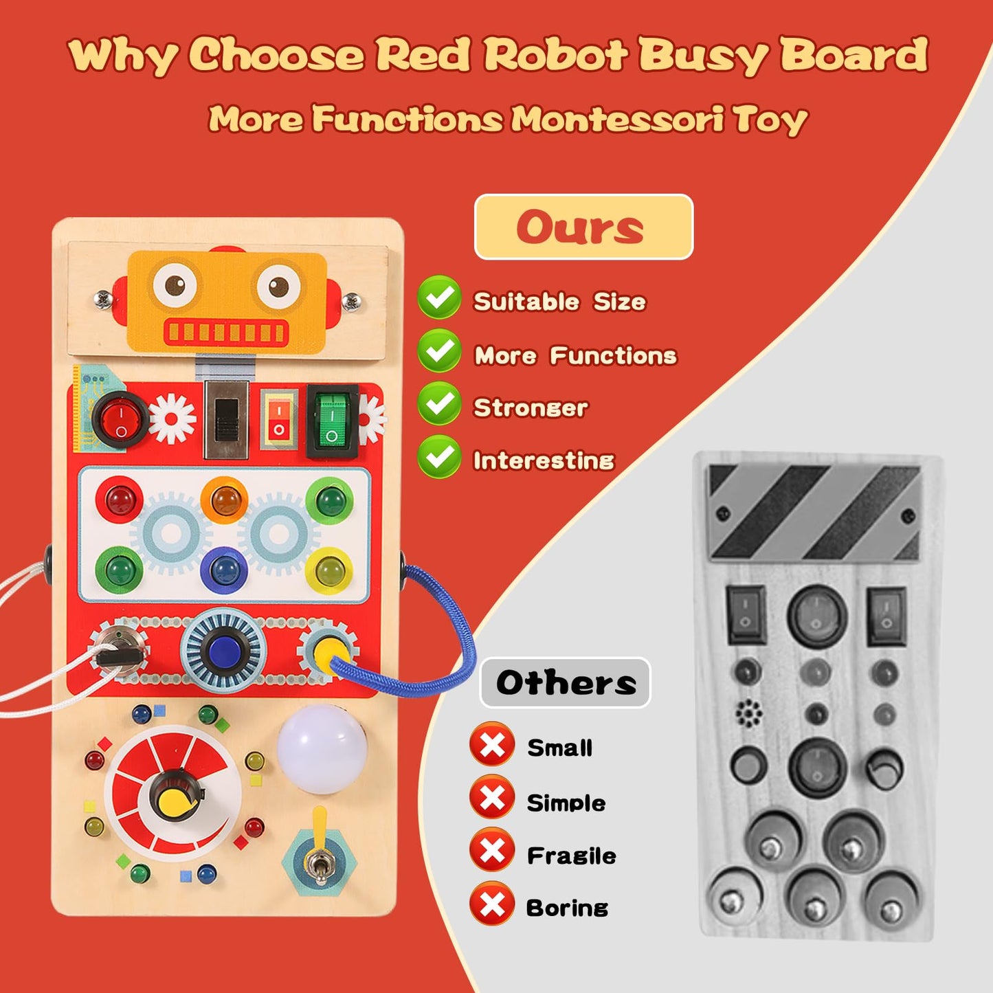Asweets Montessori Wooden Busy Board Toy for Toddler, Red Robot Sensory Board with 8 LED Shape Light Switches, Travel & Gift Toys for Kids, 3.9''L x 2.0''W x 7.5''H