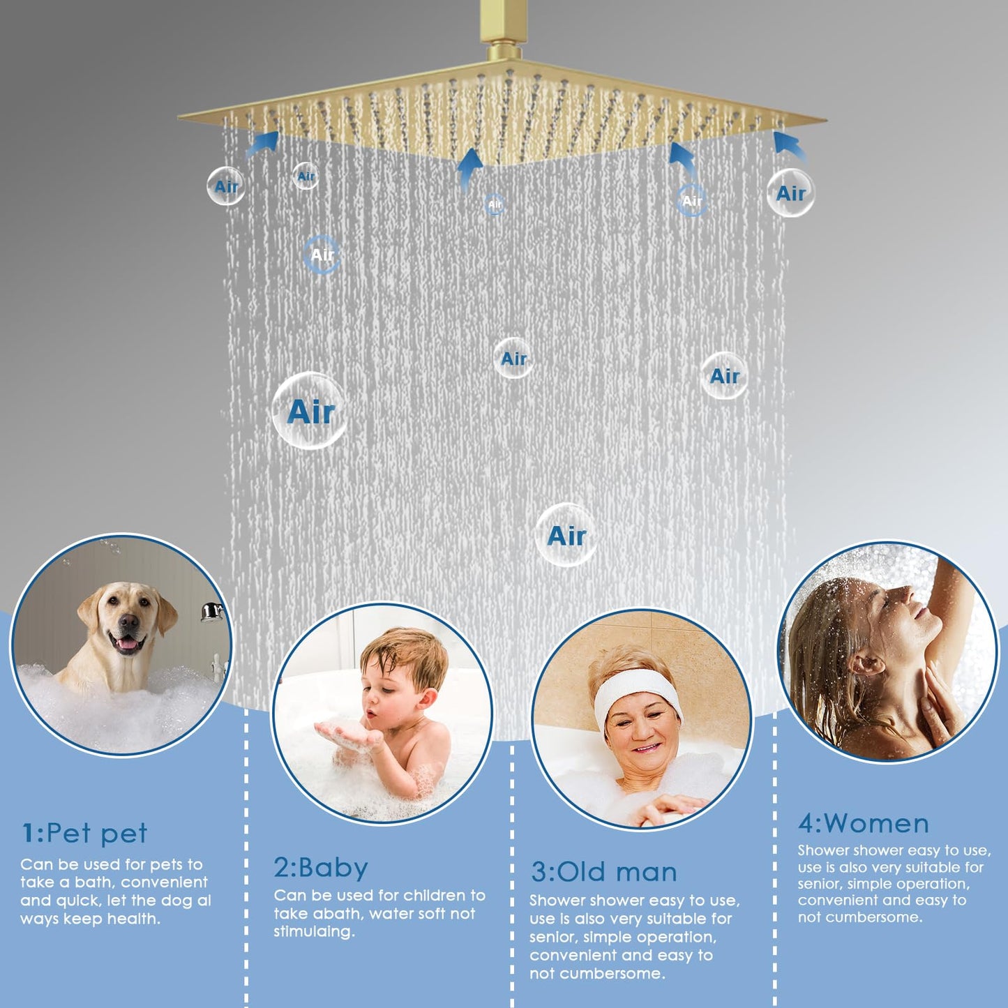 NPYSVSSS Shower System Dual Shower Heads with 12" Ceiling Mounted Rain Shower Head & 6" Wall Mounted Head Full Body Luxury Rain Shower System 3 Way Pressure Balance Valve Kit, Brushed Gold