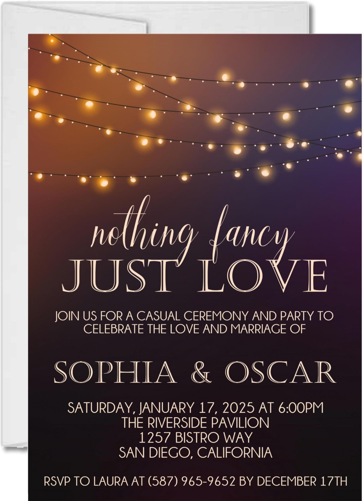Casual Backyard Wedding Inviations, Set of 12 - Bistro Light Inspired Wedding Invitations With Envelopes (Copper)