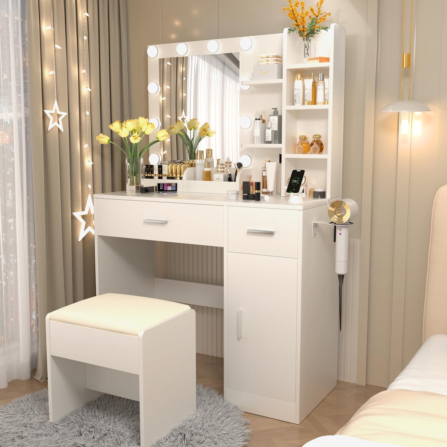 OPENAIRCOMFORT Vanity Mirror with Lights Desk and Chair: Make up Vanity with Mirror and Lights, Vanity Dresser with Drawers and Stool, for Bedroom Dressing Room (White)