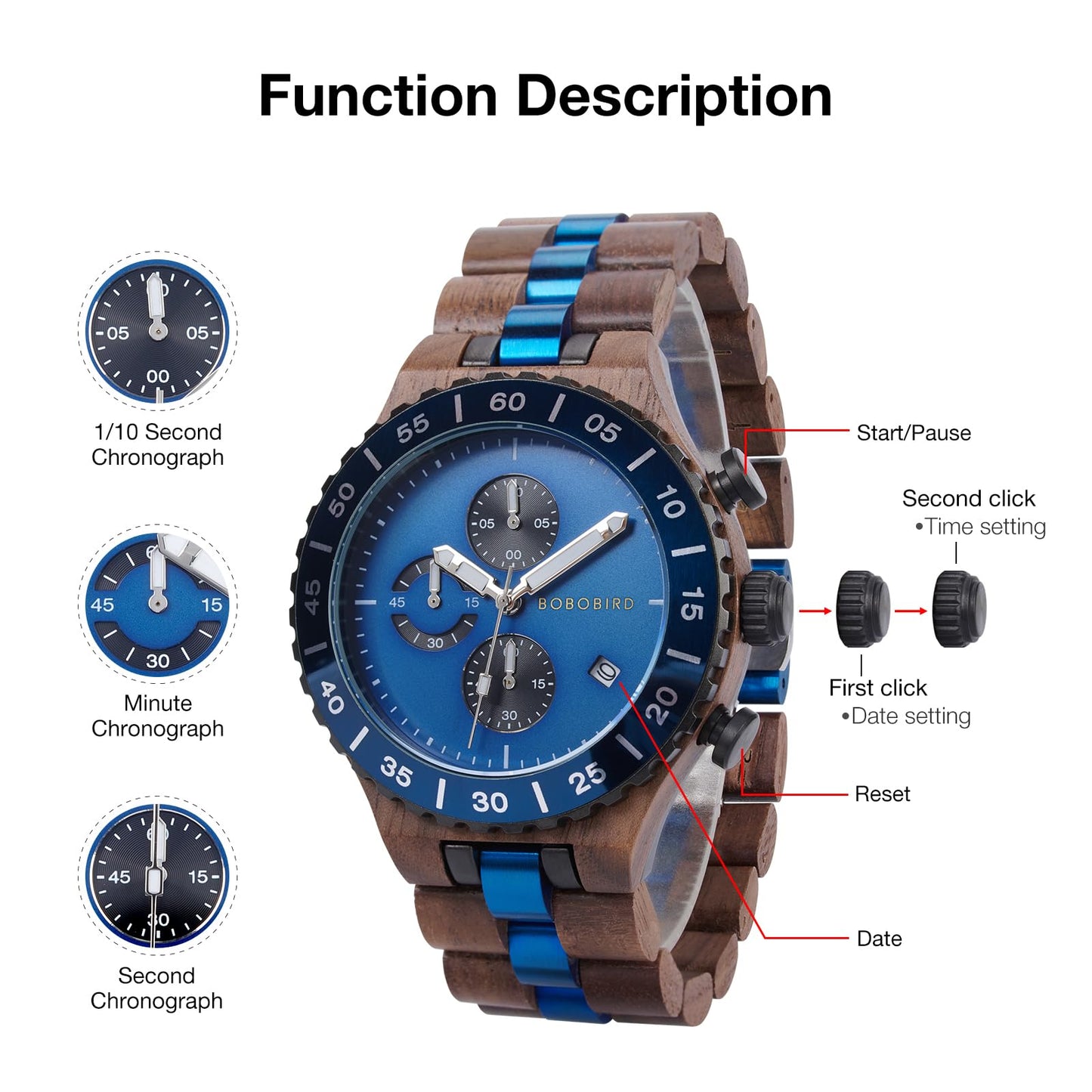 2win Engraved Wooden Watches for Men Blue Date Chronograph Military Luxury Personalized Customized Wrist Watches Anniversary Watch Gift for Husband My Man Boyfriend (A-for-Husband)