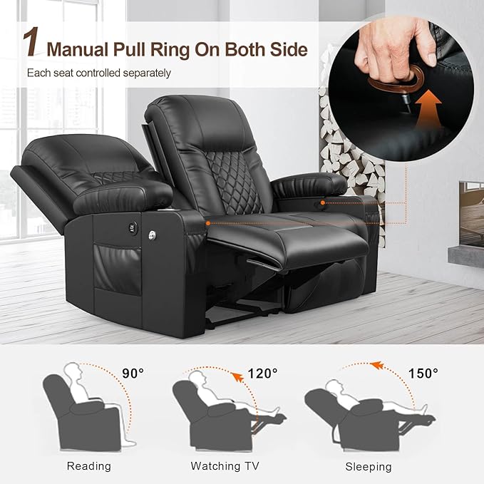 FURNIMAT Loveseat Recliner Sofa Set with 2+1 Pieces, 2 Seater Reclining Loveseat Couch with USB Ports, Cell Phone Holders, 2 Recliner Chairs with Vibration Massage and Heat, Living Room, Bedroom, RV