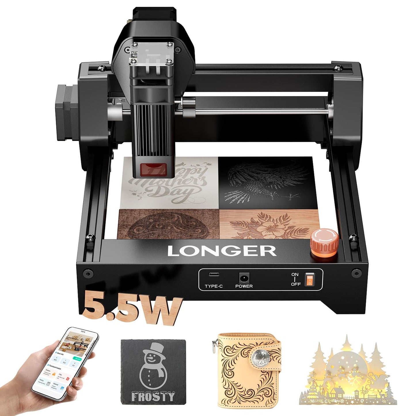 LONGER Ray5 Mini Laser Engraver, 5.5W Portable Laser Engraver & Cutter, 12000mm/min High-Speed, for Wood, Acrylic, Glass & Leather, 130x130mm Work Area, Ideal for Small Business & DIY, WiFi Compatible