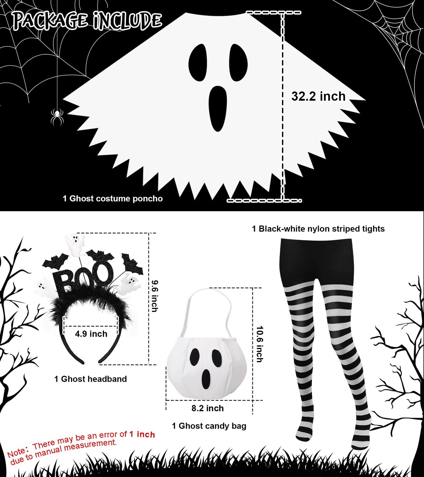 Snwquik 4 Pcs Ghost Costume Adult with Accessories,Ghost Costume Women Poncho/Bag/Headband/Tights Halloween Cosplay
