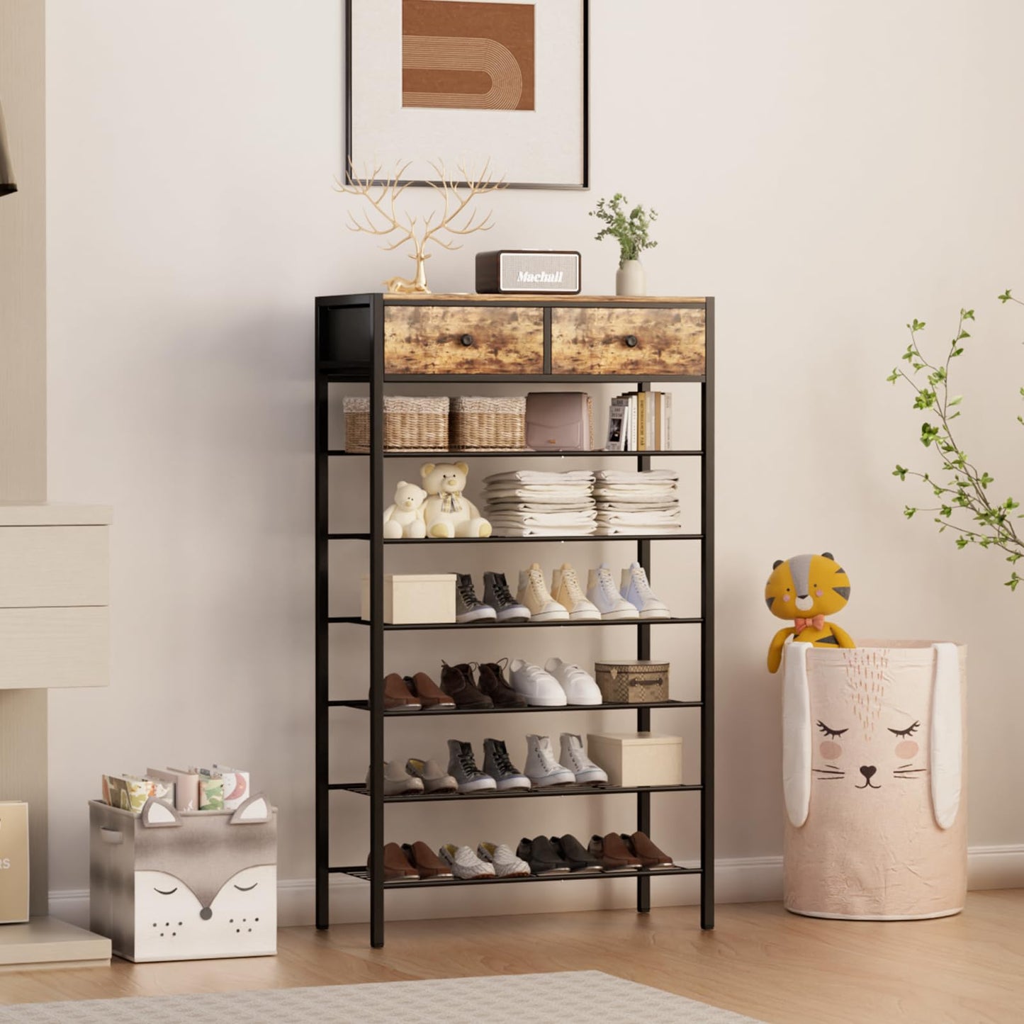 MILEFA 7 Tier Shoe Rack with 2 Drawers, Metal Shoe Organizer for 20 to 28 Pairs of Shoes, Shoe Stand with Steel Frame and Wooden Top, Shoe Shelf for Front Door Entrance, Closet, Rustic Brown