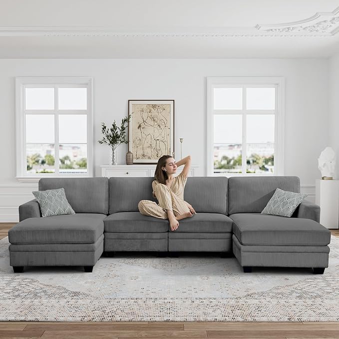 Legend Vansen Oversized Modular Sectional Sofa,6 Seat U Shaped Couch with Ottoman,Corduroy Sofa with Deep Seat,Convertible Large Sectional Couches for Living Room (Grey, U-6)