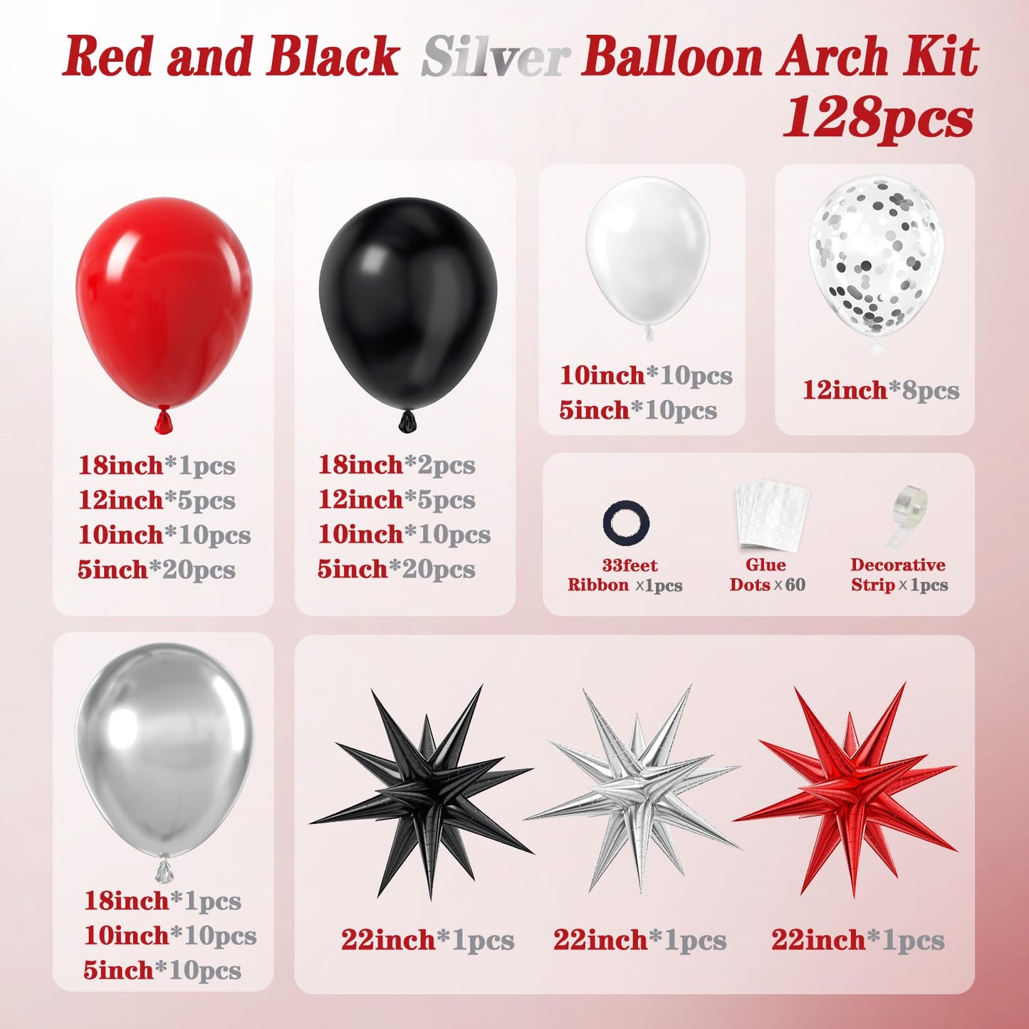 Red White and Black Balloon Garland Arch Kit, Red and Black Party Decorations with white Silver Balloons Confetti Latex Balloons for Graduation Decorations Prom Anniversary Birthday Party Decoration