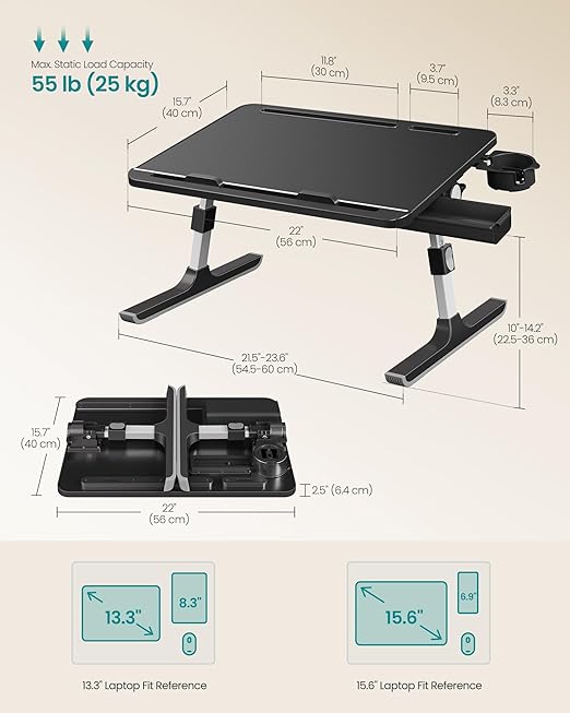 SONGMICS Bed Laptop Desk, Foldable Bed Desk for Laptop, 15.7 x 22 Inches Large Desktop, 120° Stepless Tilt, Adjustable Height, Cup Holder, Tray, Portable Bed Sofa Table, Ink Black ULLD113BC01