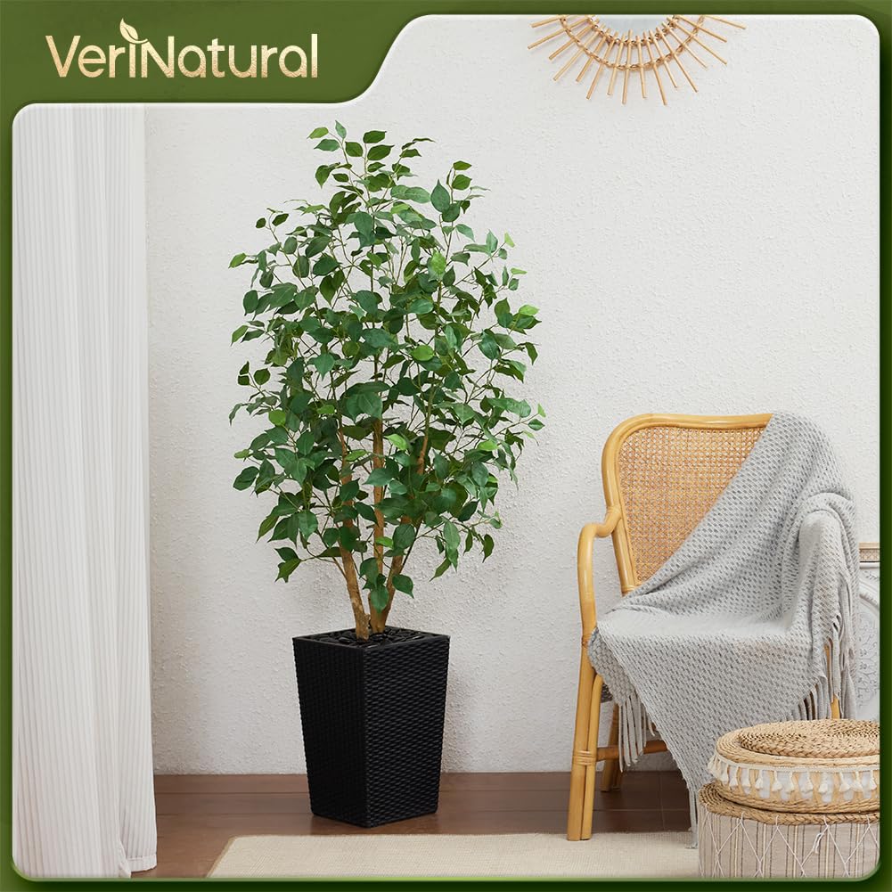 VeriNatural 5ft Artificial Ficus Tree,Tall Faux Tree with Silk Leaves & Real Wood Trunk,UV Resistant Potted Fake Plant with Pebbles & Planter-Indoor Outdoor Floor Plant for Home,Living Room,VN129