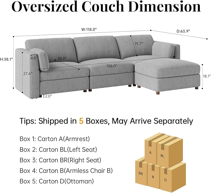 CUGOAO 118'' Modular Sectional Sofa, Oversized L-Shaped Sectional Couch with Ottoman, Deep Seat Chenille Cloud Couch, Mordern Upholstered Couches for Living Room, Apartment, Office, Grey