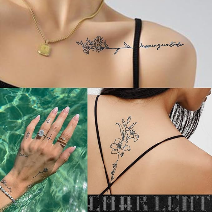 CHARLNET Semi-Permanent Tattoos for Adult - 2 Weeks Long Last Small Flower Words Tattoos for Women Men Hand Neck Body/Fades Naturally/No Reflection/Waterproof/Realistic, Minimal Line Art