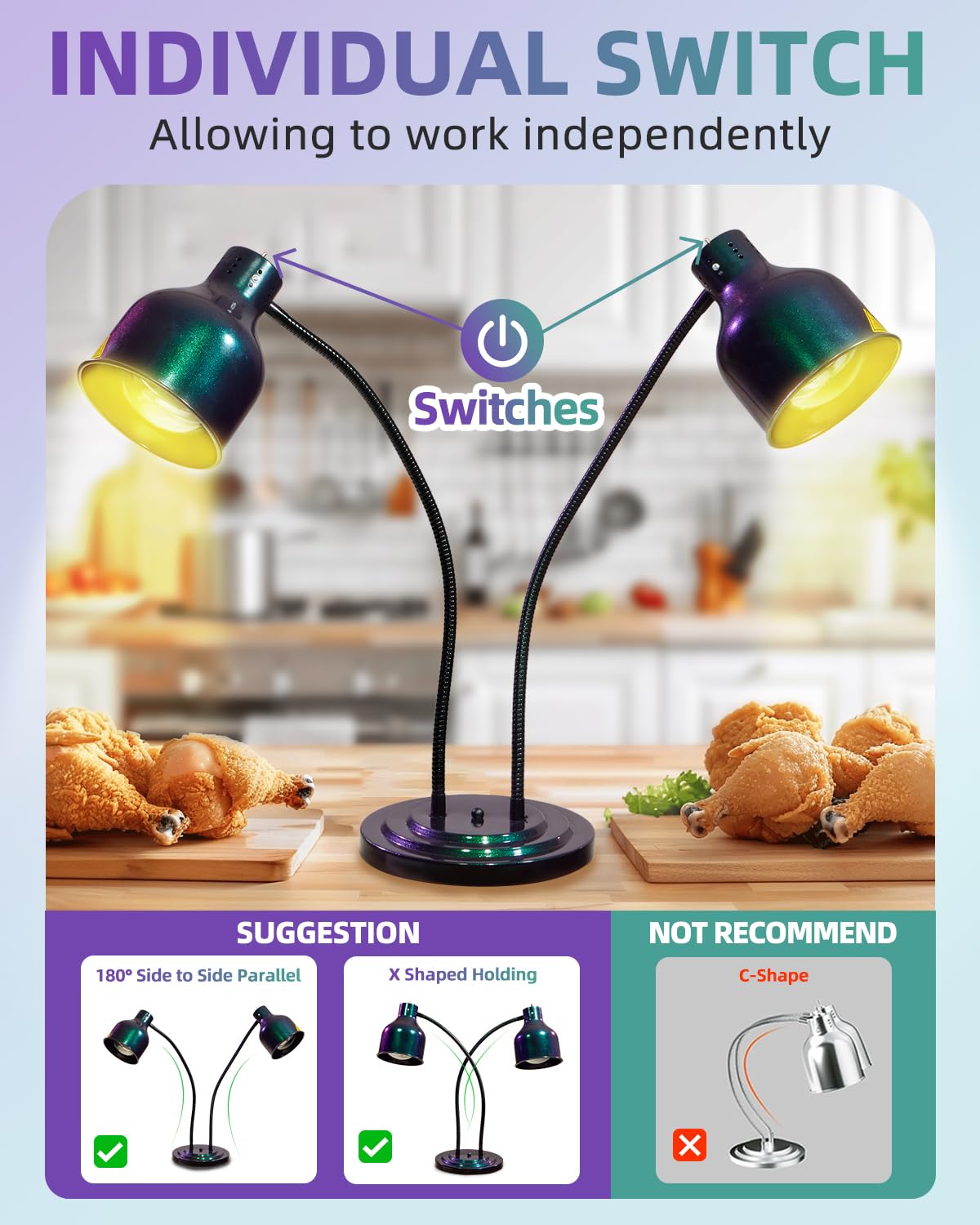 RVGMBO Food Heat Lamp - [3 Bulbs Included] [Rapid-Heating], 500W Commercial Food Warmer Light, Heat Lamp for Food Catering Warming Lamp for Buffet Parties, Green-Purple Gradient
