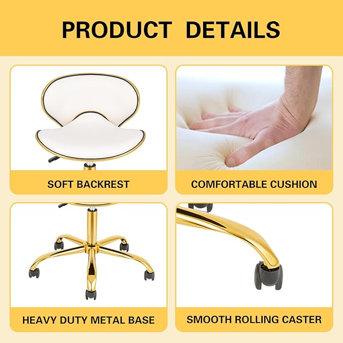 Adjustable Rolling Stool with Backrest, Nail Tech Chair for Salon, Lash, Nail Tech and Hair Stylist, Facial Massage Tattoo Stool with Wheels-White