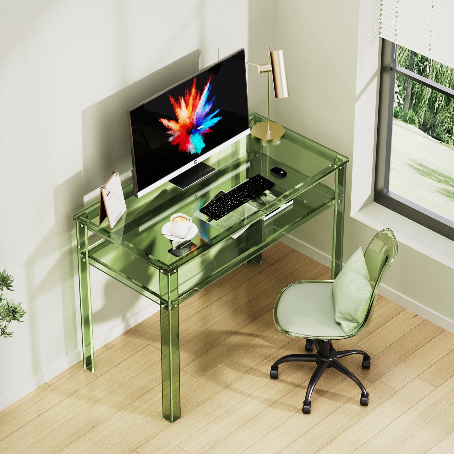 solaround Clear Acrylic Desk with Open Storage, Home Office Computer Writing Desk Office Study Table (Green, 39.4'' x 19.7'' x 29.5'')