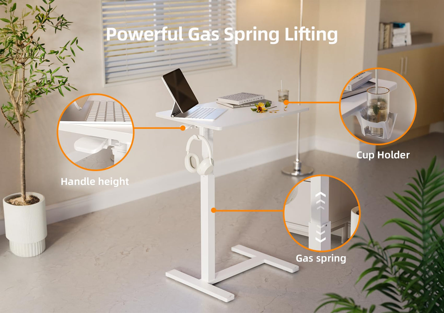 Claiks Mobile Overbed Table with Wheels - 25.5" Adjustable Height Standing Desk for Hospital & Home Use, 22lbs Capacity, Ergonomic Rolling Laptop Cart, White