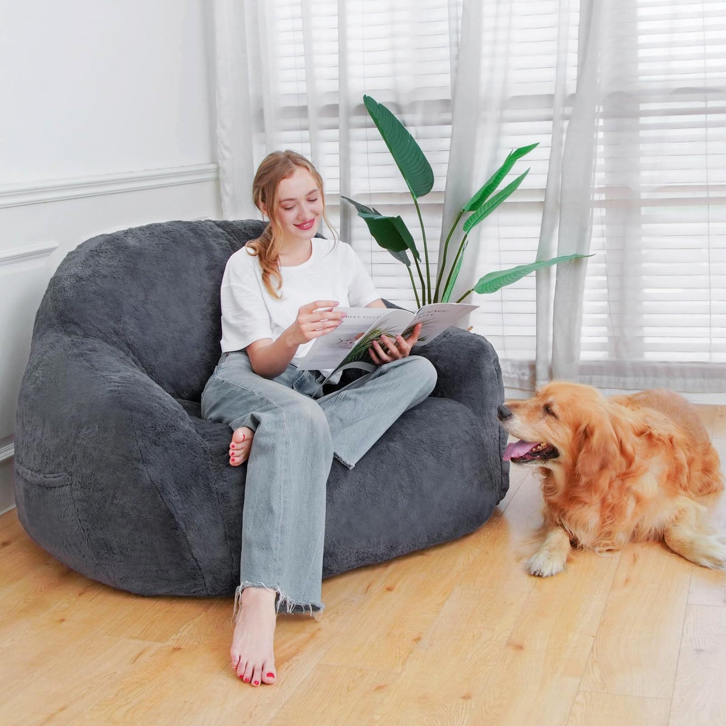 GOHOROS Giant Bean Bag Chair, Oversized Bean Bag Chairs for Adults and Kids, Gaming Chair Stuffed Memory Foam | Storage | Non-Slip, Removable Bean Bag Sofa Comfy Chair for Bedroom, Livingroom (Grey)