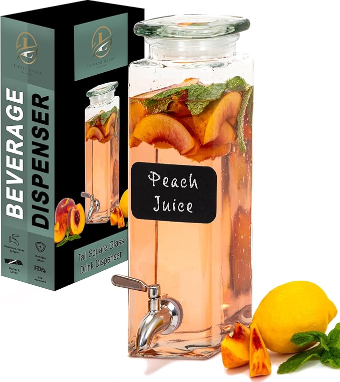 Square Glass Drink Dispenser for Parties - Stainless Steel Spigot + Marker & Label - 100% Leakproof Beverage Dispenser - L...