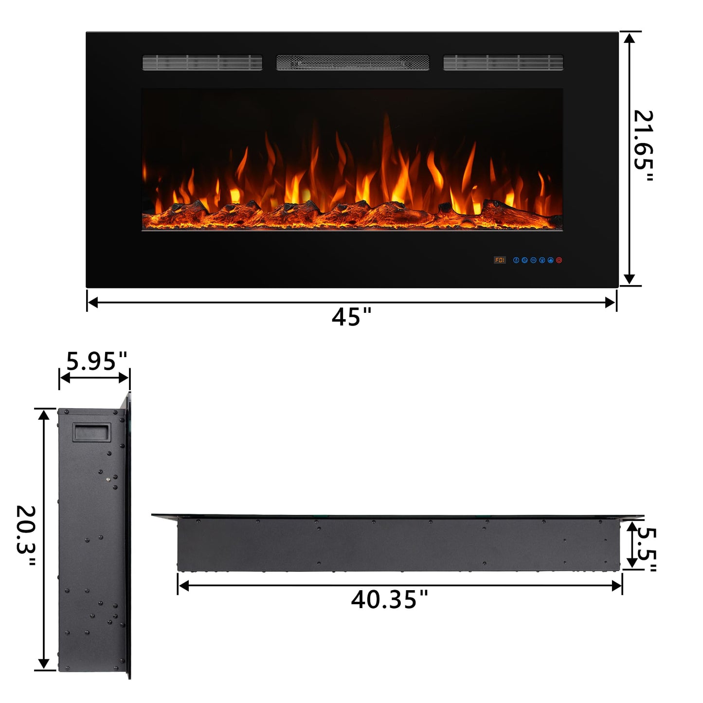 45'' Electric Fireplace Inserts, Recessed & Wall Mount Electric Heater and Linear Fireplace with Remote Control, Adjustable Flame Color, Temperature, Hard Wired & Plug in