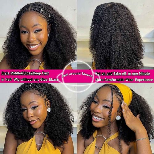 Kinky Curly Half Wig Human Hair 200% Density 3 In 1 Seamless Flip Over Half Wigs Human Hair Glueless Wear and Go Beginner Friendly Kinky Curly Wig Human Hair Drawstring Headband Wig for Women 18 Inch