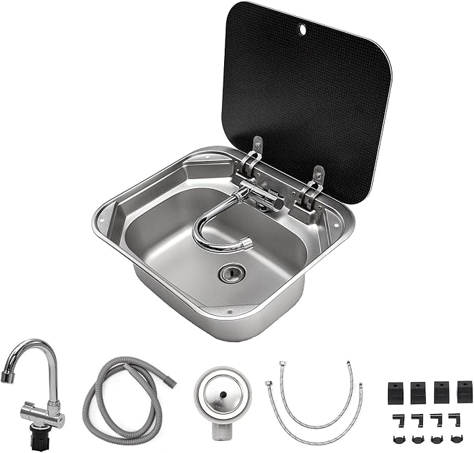 GZOII Portable RV Sink, 16.54×14.57×5.91 Inch Small Stainless Steel Bar Camping Sink with Folde Faucet and Tempered Glass ...