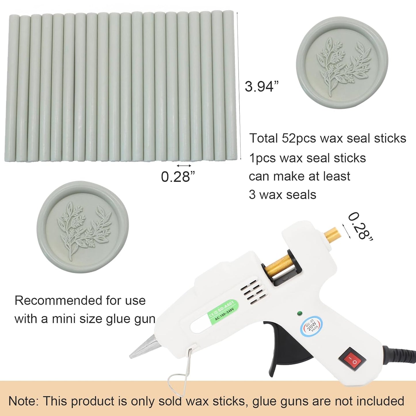 52pcs Sage Green Wax Sealing Sticks, Andotopee Glue Gun Adhesive Seal Sticks for Stamp Seals, Premium Sealing Wax for Envelope Seals Wedding Invitation Craft Adhesive, Great Gift Ideas (Mini Size)