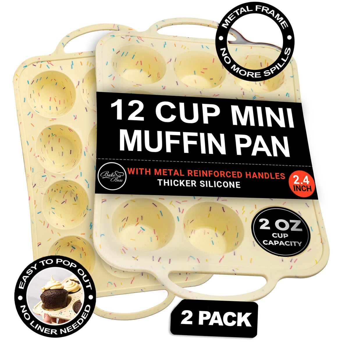 BAKE BOSS 2 Pack Silicone Mini Muffin Pan 12 Count – Non-Stick Silicone Muffin Pans for Baking, BPA-Free Cupcake Pans for Baking, Easy Release, Metal Handles, Oven & Dishwasher Safe