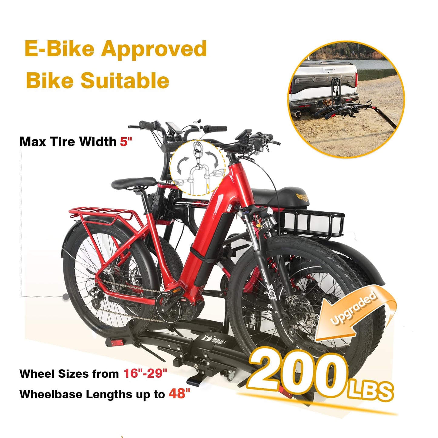 Iron Pro 200lbs EBike Rack with Ramp for 2 E-Bikes, Hitch Bike Rack for Cars SUVs Trucks, Foldable Tilting Bike Rack Platform for Tow Hitch with 2" Receiver, E-Bike Carrier Fits up to 5" Fat Tire