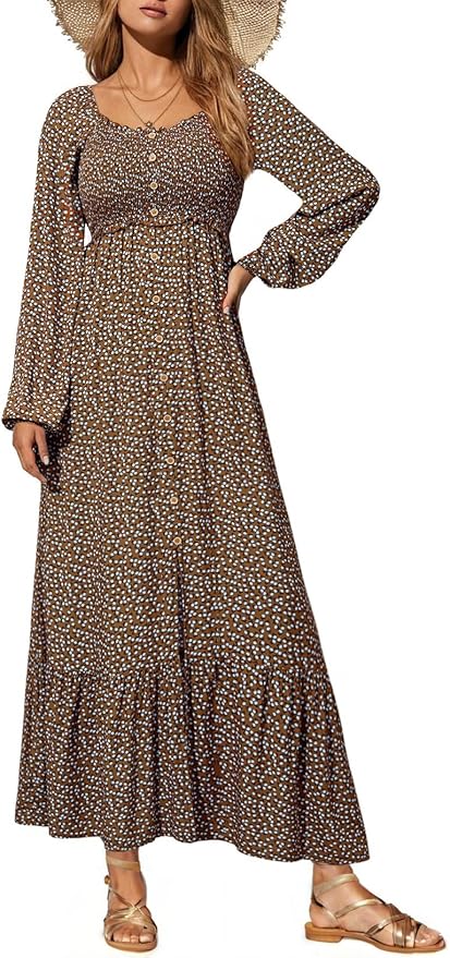 Dokotoo Womens Dresses Spring Summer 2026 Boho Floral Smocked Empire Waist Square Neck Long Sleeve Button Beach Maxi Dress