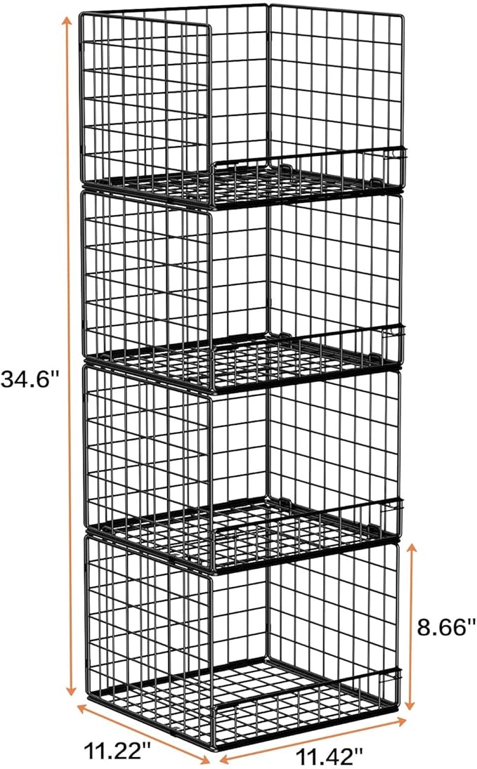 Stackable Closet Organizers and Storage Baskets, 4-Tier Closet Shelf Organizer for Small Space, Space-Saving Clothes Storage Drawer, Foldable Clothes Storage Bins for Closet Organizer System, Black