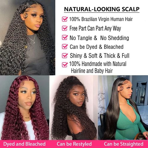 GIESWY Deep Wave Lace Front Wigs Human Hair 13x4 HD Transparent Lace Frontal Glueless Wigs for Women, Natural Black, 16 inch