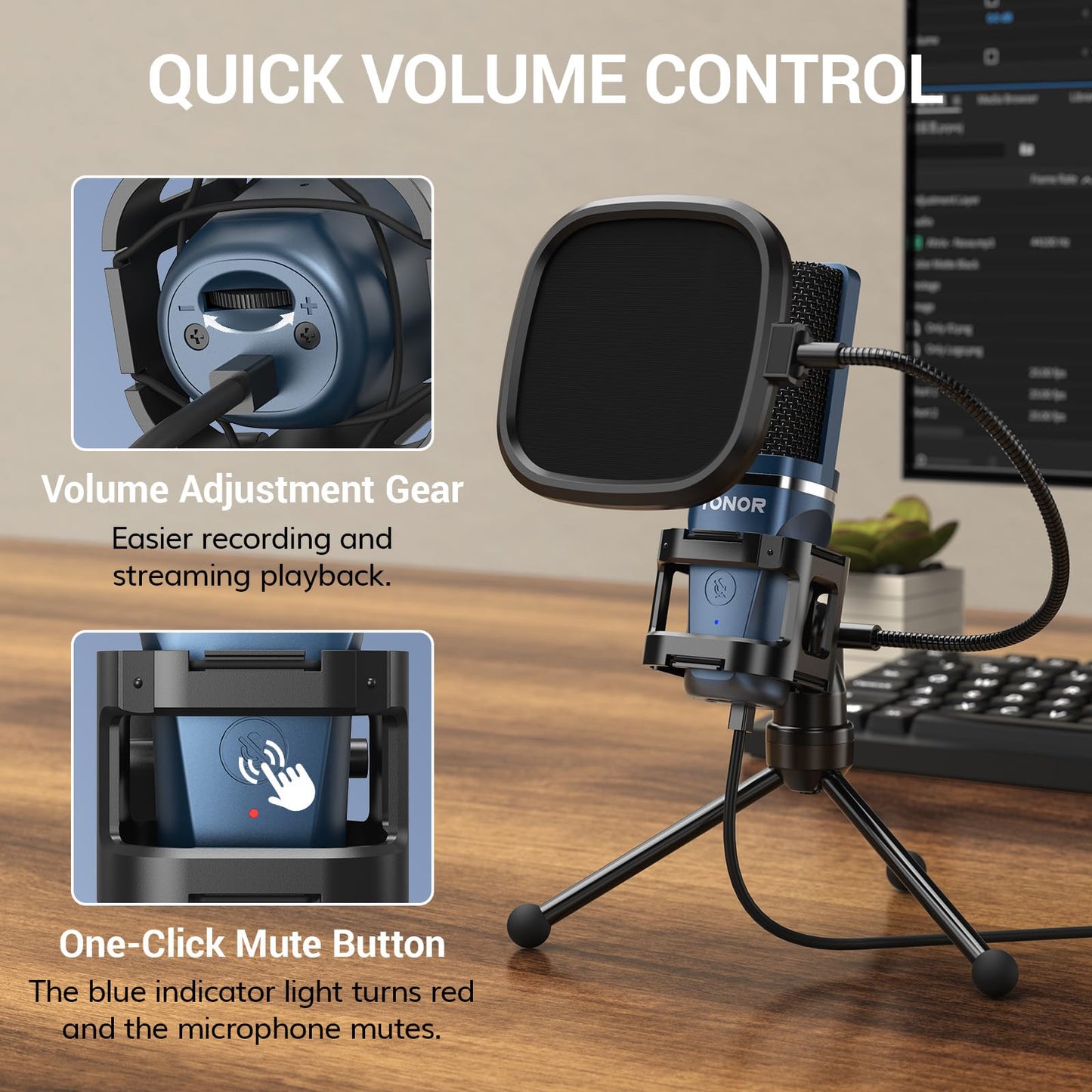 Tonor Tc-777 Podcast Microphone, Usb Computer Microphone, Cardioid Condenser Pc Mic With Tripod Stand And Pop Filter For Podcast