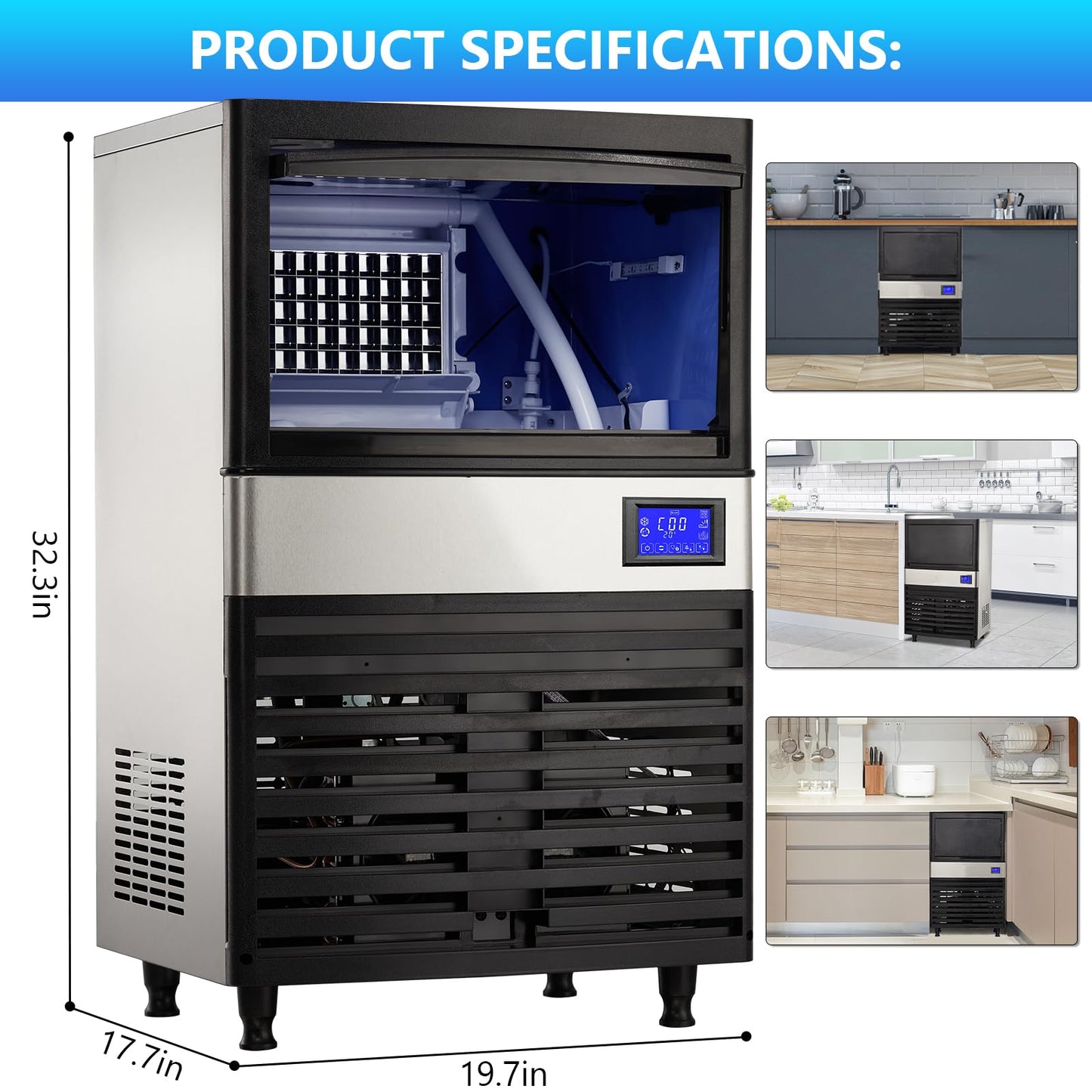 Commercial Ice Maker Machine 110lbs/24h with 27lbs Storage Bin, Stainless Steel Ice Machine with Ice Scoop, Electric Water Drain Pump & Water Filter, Freestanding Ice Machine for Home/Restaurants/Bars