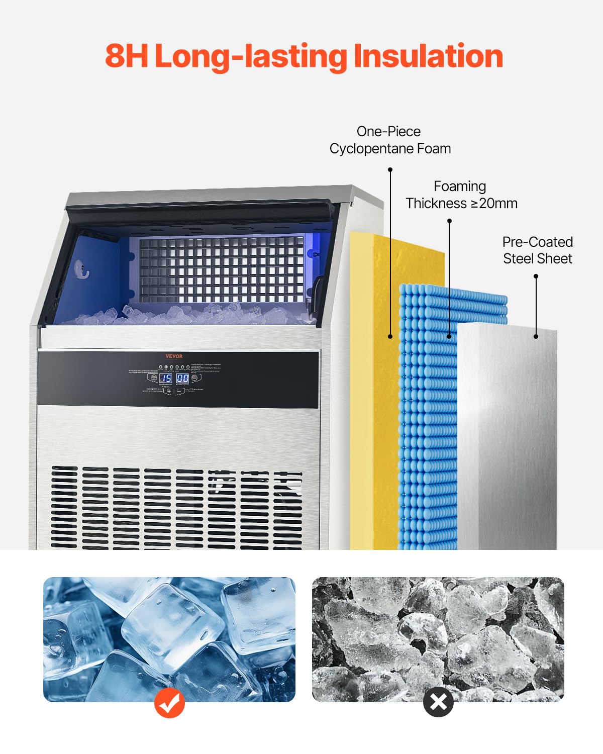 Vevor 360Lbs/24H Commercial Ice Maker Machine With Drain Pump, 88Lbs Storage Capacity Ice Maker, 160 Ice Cubes In 15 Minutes, Le