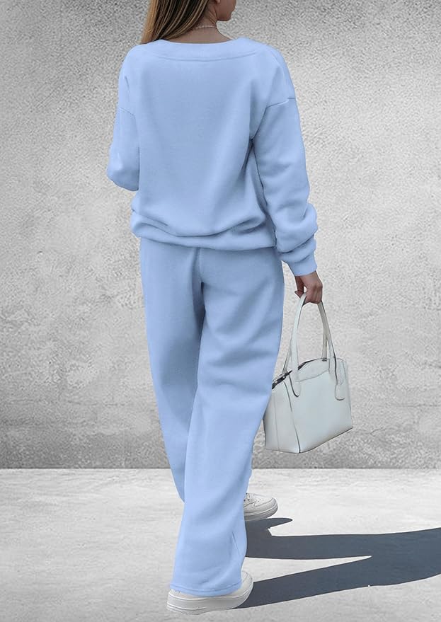 PRETTYGARDEN Casual Winter Two Piece Sets for Women 2026 V Neck Sweatshirt Loose Wide Leg Pants Tracksuit Knit Fall Outfits