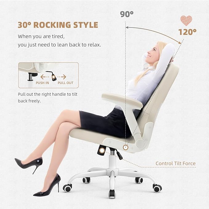 SEATZONE Home Office Chair–Beige Velvet Desk Chair with Wheels, Comfortable Computer Work Chair with Flip-up Arms and Adjustable Tilt