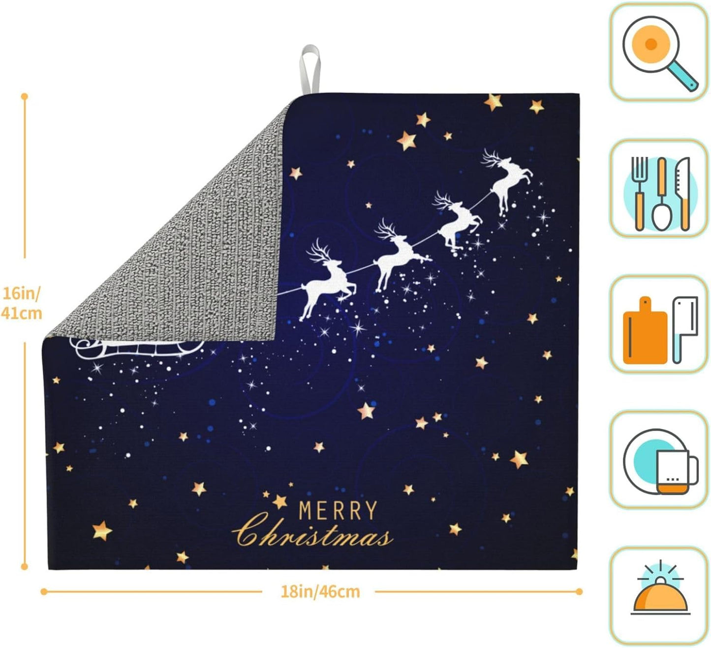 Dish Drying Mat Navy Blue Christmas Deer Star Santa for Kitchen Counter Absorbent 16x18 Inch Microfiber Dishes Plate Glass Dry Draining Pad Reversible Washable