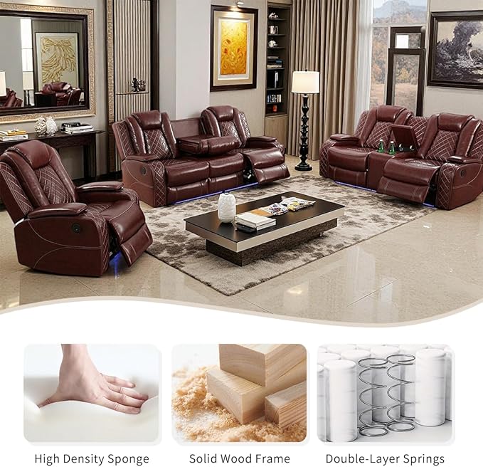 Toseslo Living Room Furniture Sets with LED Light, Power Recliner Sofa Set, Brown Leather Sectional Sofa and Loveseat Set, Modern Power Reclining Sets with Storage Console/Cup Holder for Living Room
