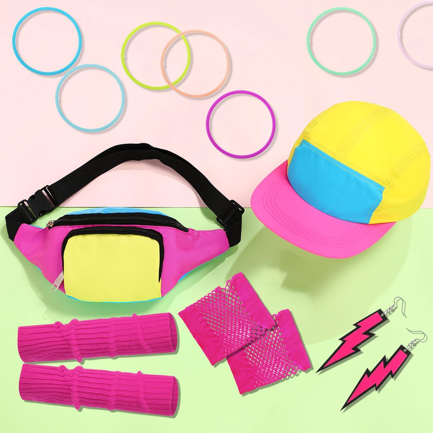 Cindeer 80s Fancy Dress Costume Accessories for Women Neon Hat Fanny Pack Leg Warmers Necklace Set for Retro 80s 90s Party