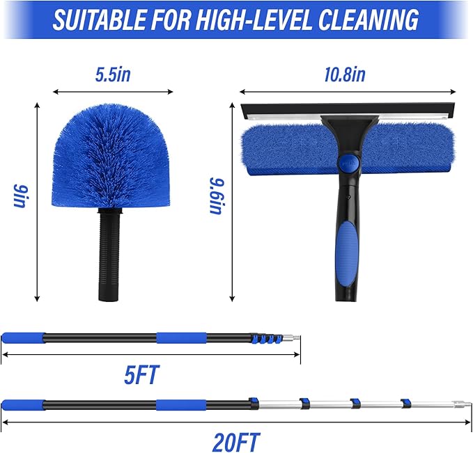 26FT Window Washing Kit with Extension Pole,High Reach Duster Kit,Cobweb Duster with 5-20FT Telescoping Pole,2 in 1 Window Cleaning Squeegee Kit for Outdoor and Indoor Cleaning