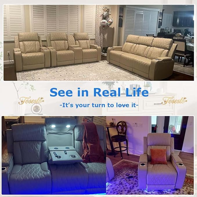 Toseslo Power Recliner Chair Set, Black Leather Reclining Sectional Couch with Adjustable Angle, Living Room Furniture Sets, Modern Reclining Single Chair with Comfy Armrests and Backrests for RV