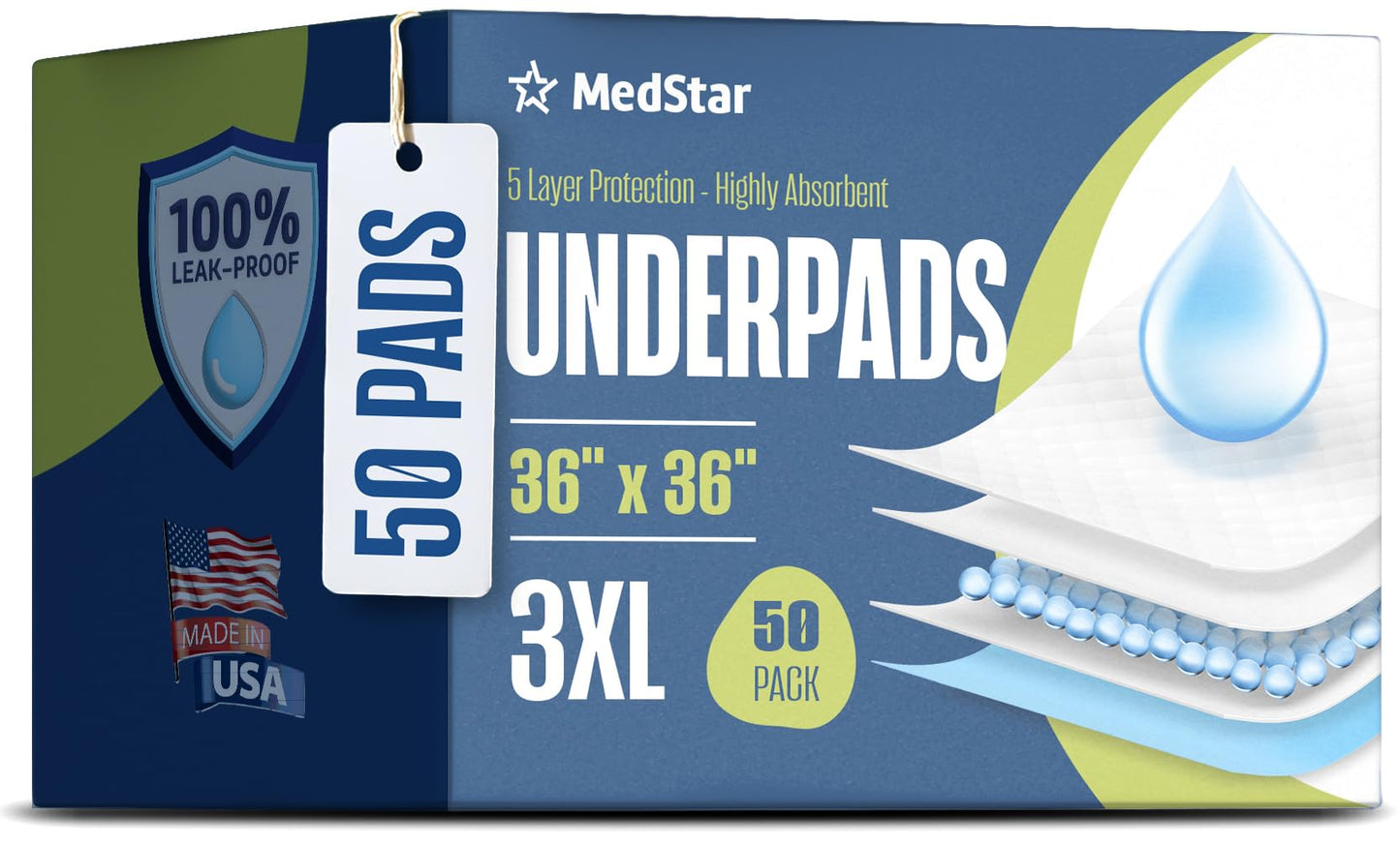 Disposable Underpads 36"x36" XXL (50-Count) – Made in The USA, Leakproof, Incontinence Bed Pads for Adults, Kids, Pets & Seniors – Disposable Chux Pee Pads Max Absorbency Blue