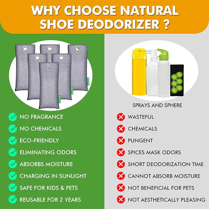 Activated Charcoal Odor Absorber, Natural Shoe Deodorizer Inserts, Smell Remover, Bamboo Charcoal Air Purifying Bags, Shoe Odor Elimination for Sneaker, Boots, Lavender Scent 2 Pack