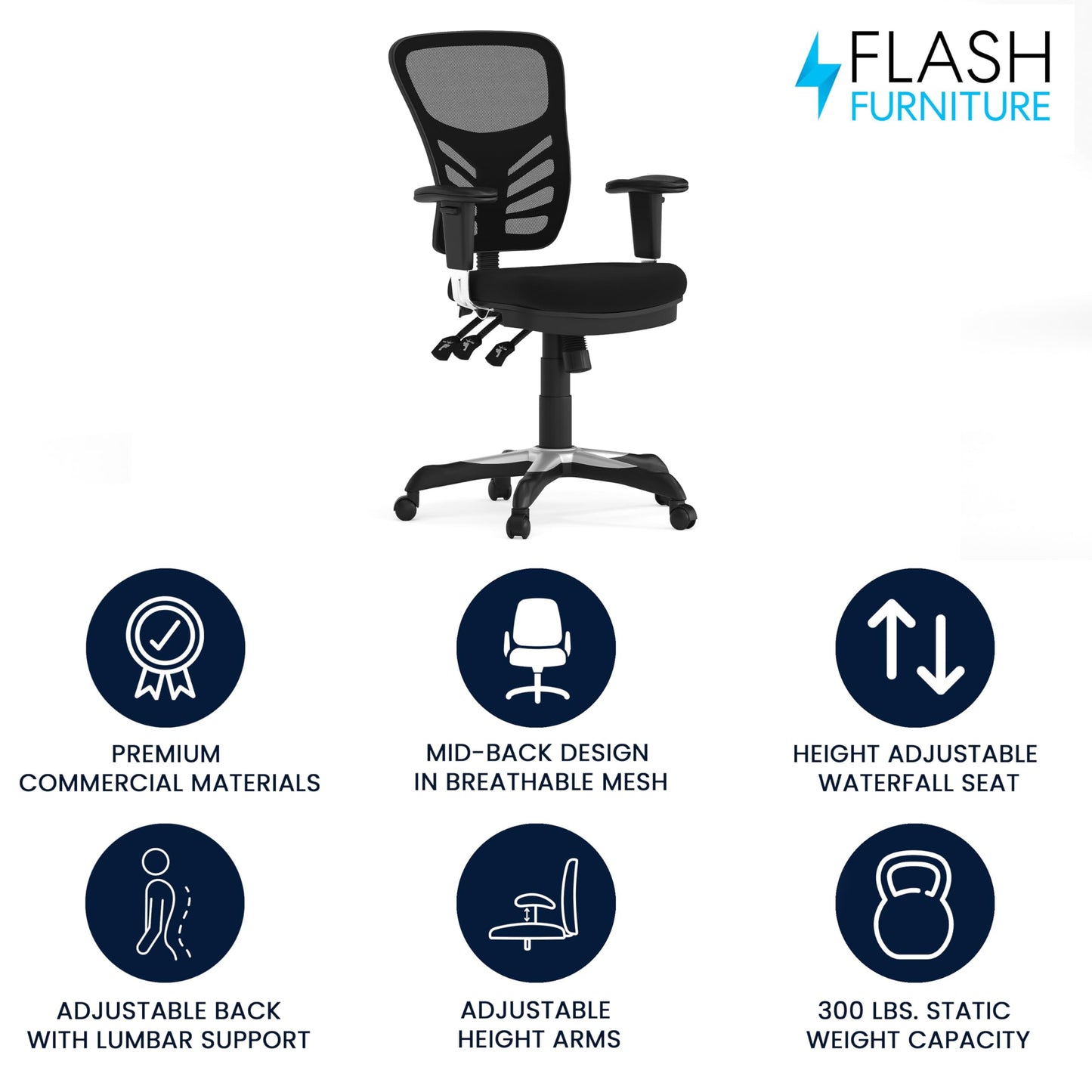 Flash Furniture Nicholas Mid-Back Swivel Desk Chair with Wheels, Mesh Back, Padded Seat, and Armrests, Adjustable Height Mesh Ergonomic Office Chair, Black