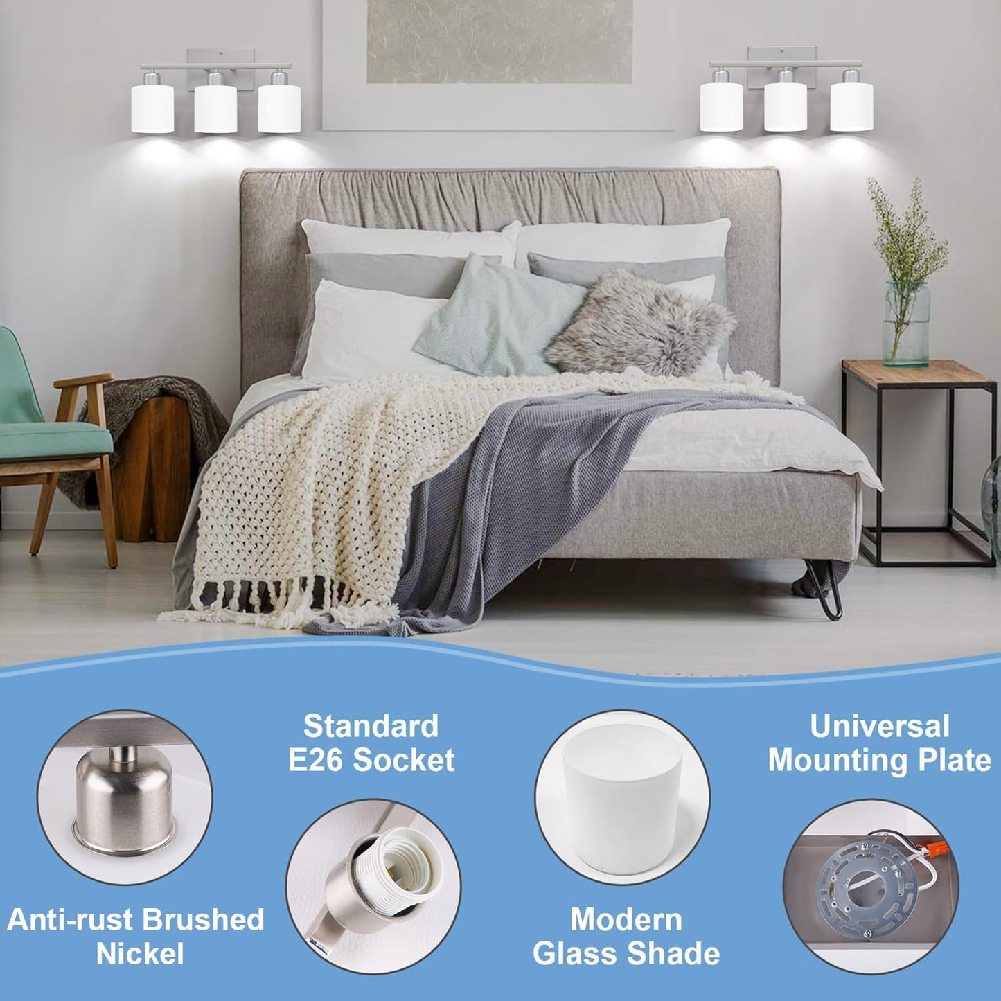 Dekang Bathroom Light Fixtures Over Mirror Brushed Nickel, Rustproof 3-Light Bathroom Vanity Lights, 18 Inches Modern Wall Sconces E26 Base, Milky White Glass Shades, Bulbs Not Included