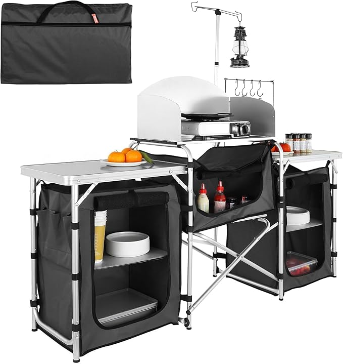 VEVOR Camping Kitchen Table, Folding Outdoor Cooking Table with Storage Carrying Bag, Aluminum Cook Station 3 Cupboard & D...