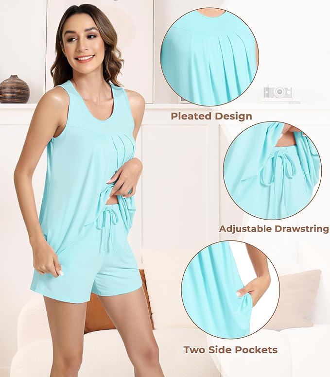 NACHILA Pajamas for Women-Viscose from Bamboo, Ribbed Racerback Tank Top Sexy Split Shorts Pajama Sets Cooling Sleep Cami Pjs