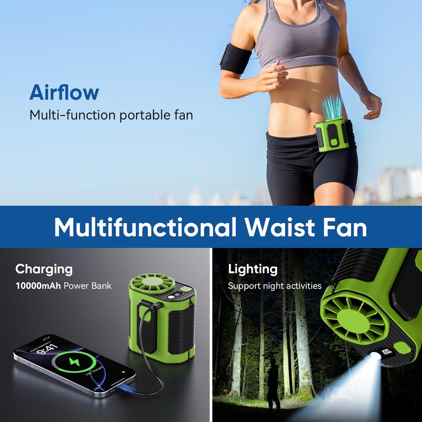 Portable Waist Fan, 10-Speed Body Fan With Led Light, Hands-Free Wearable Belt Clip Waist Fans, 10000Mah Personal Rechargeable F