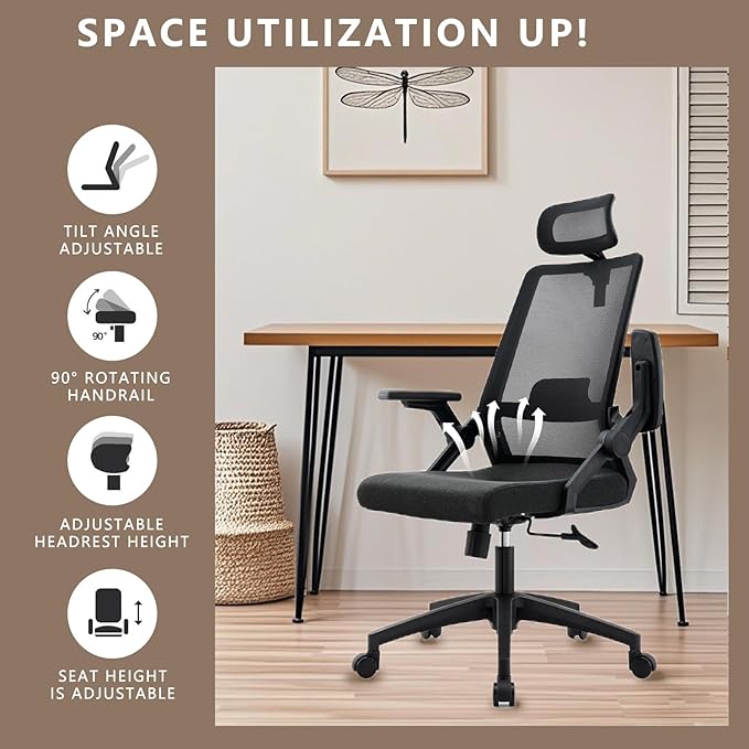 Msdizuo Office Chair Ergonomic Desk Chair, 350LBS Capacity, High Back Computer Chair for Long Hours Comfortable, Rolling Swivel Executive Task Chair for Home Office with Flip-up Armrests,（mesh,Black）