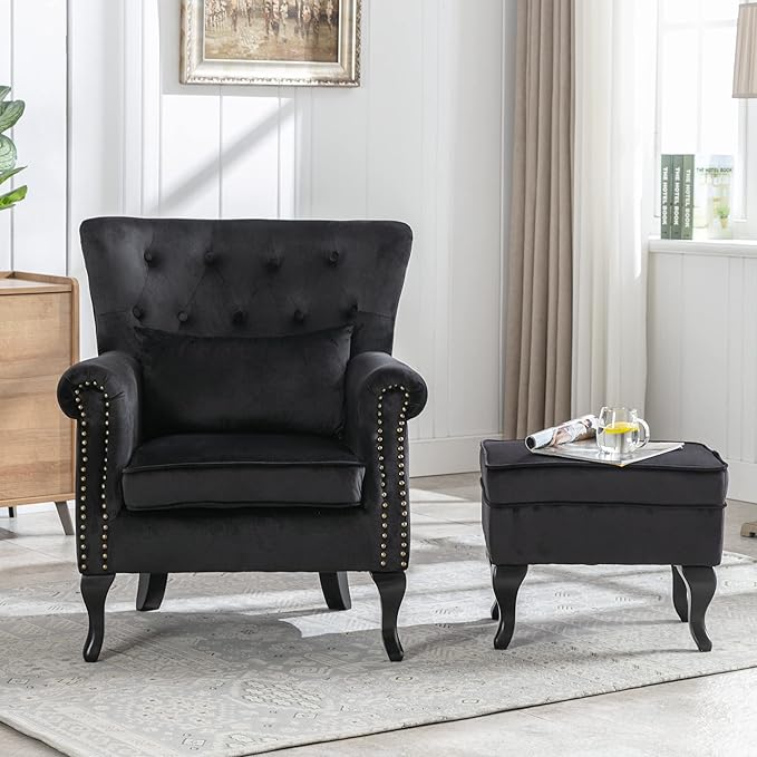 chairus Mid-Century Modern Accent Chairs with Ottoman Set of 2, Comfy Velvet Single Sofa Chair Button Tufted Wingback Armchairs with Pillow for Living Room/Bedroom/Club - Black