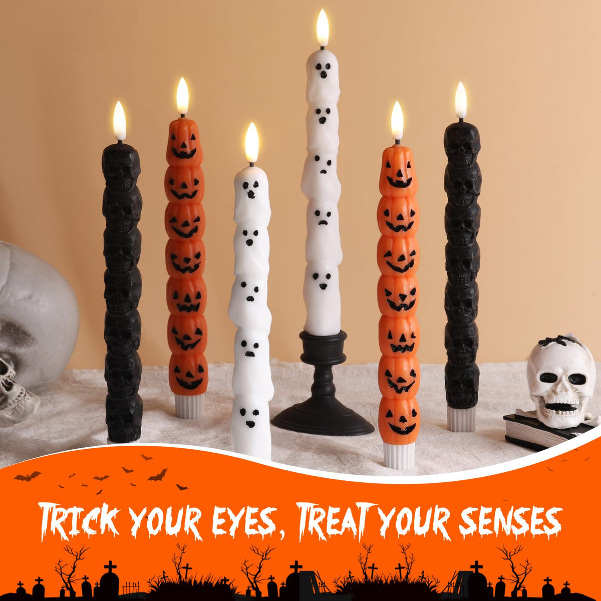 Eywamage White Ghost Flameless Taper Candles with Remote, Flickering Real Wax Battery LED Candlesticks Set of 4